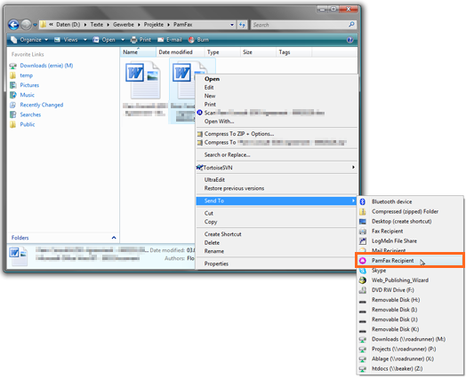 PamFax integration in PamFax im Context bezogenen Menü